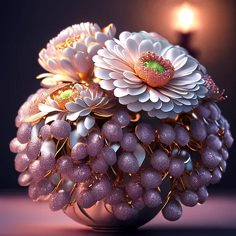  super quality, (8k,  RAW Photos, Realistic),  Artificial metal chrysanthemums, peonies and gypsophila , Chrome plating,  detailed and delicate depiction and a flashy, dynamic way to depict,  professional flare lighting 