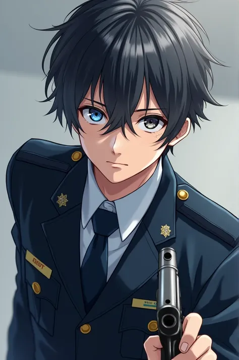 Asian. Young man. Anime. Beautiful. Realistic. Wearing police officer outfit. Holding a gun. Heterochromia eyes. Black and blue. Bangs. Black strands in grey hair. 
