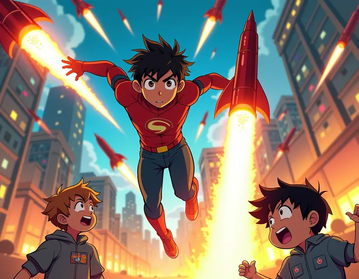 Boy destroying missiles at super speed in the air while two boys look head-on in a manga style city