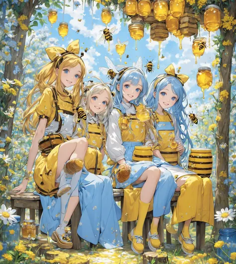  Light Blue Long Hair 、ツインテールの美 girl、 close-up 、smile、 Honey and Honeybees 、there are two girls that are sitting on a stool near a jar of ハニー, ハニー and bee hive, bee,  OFFICIAL ART, Dripping Honey ,  girl,  Humanoid Bee Concept Art, 