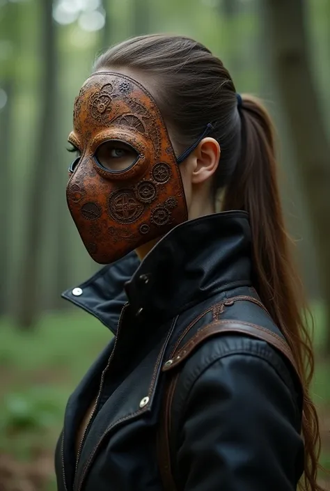 Masque à cartouche anti particules fonctionnel. En cuire. Steam punk. Noir. Il y a des motifs fous dessiné dans le cuir du masque

Porté par une femme aux cheveux longs et attachés. 
Ambiance guerrière et calme. 