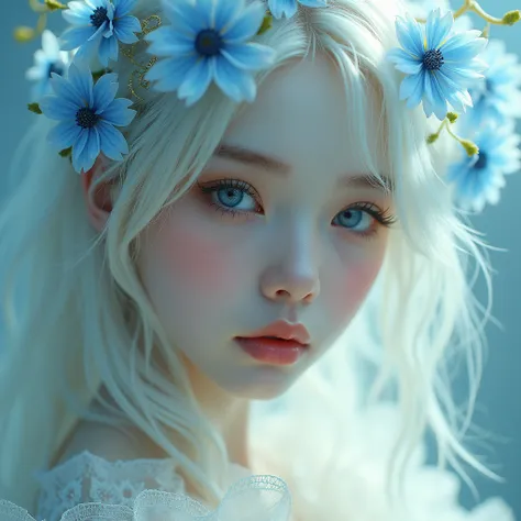 Midjourney, MJ, Midjourney style, realism, cinematic quality, play of light, gradient, glow, porcelain skin, dutch tilt, dynamic pose, white porcelain girl  with white white eyelashes white eyebrows with blue flowers, stunning art, abstract, floral, gold t...