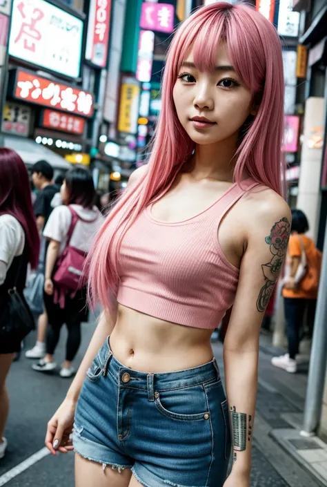 Korean girl, tatoo, big briests, pink hair, in tokyo