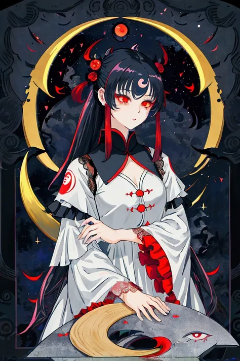 High quality,4K,detail,anime,mysterious,((1girl,"Jirai-kei" fashion,yandere vibe)), quiet atmosphere,(Crescent Moon Background ),portrait,Show the whole body,ephemeral,delicate,( Dress with dark layered ruffles and lace)