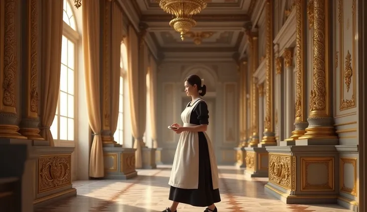 Maid dressed in simple clothes is working in the palace,