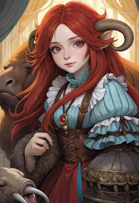 Brian Froud Inspired Beautiful Humanoid Creature. Cross Between A Wholly Mammoth And A walrus. Copper Red Fur. Female. Friendly And Inviting Looking. Exudes Good And Kindness. Wearing A 1920 Dress. Official Art, Award Winning Digital Painting, Digital Illu...