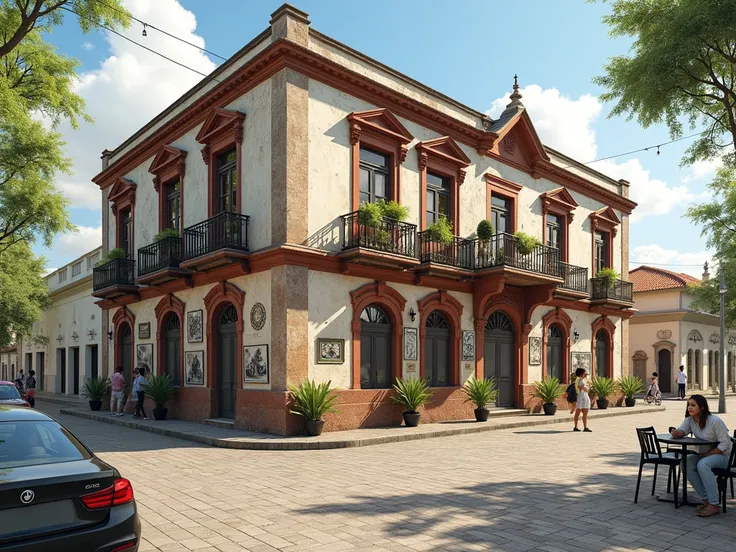  Design an image of an old building in Quetzaltenango converted into a multifunctional space,  showing cultural activities such as art exhibitions , workshops and cafés .  Represent people enjoying space and participating in activities .