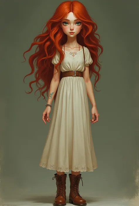 a young woman, of average height, with wavy red hair up to her shoulders ,  green-eyed,  pale skin with freckles ,  wearing a light-colored long dress and leather boots . She has a crescent moon-shaped scar on her left wrist and a serene expression.