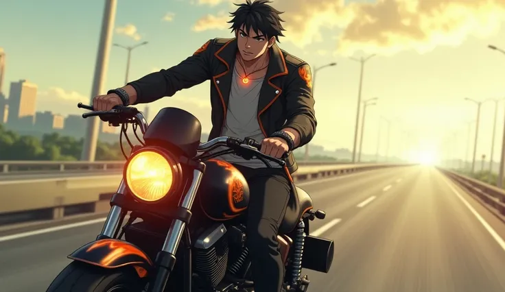 Asha on the Motorcycle - Highway Scene: "Create a cinematic anime scene featuring Asha, a fierce MMA fighter, riding a sleek, dark motorcycle along an open highway in the middle of the day. His expression is intense and contemplative, as he reflects inward...