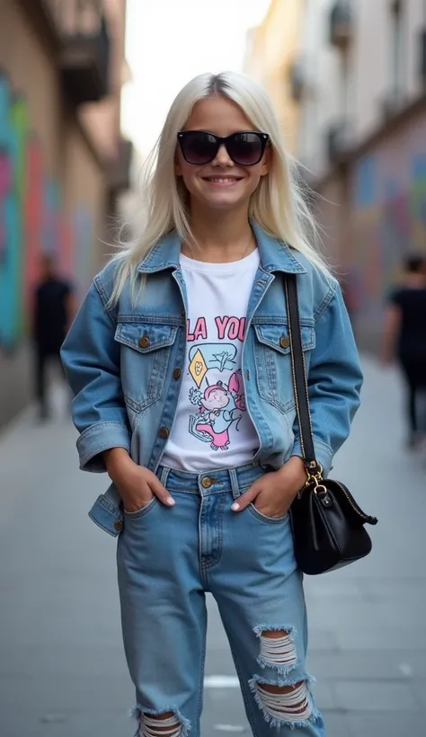  Photograph of a light-skinned baby , platinum blonde straight hair,  with modern sunglasses . Ela usa uma jaqueta de jeans oversized,  white t-shirt with fun print and ripped jeans . She is standing,  with one hand in her pants pocket and the other holdin...