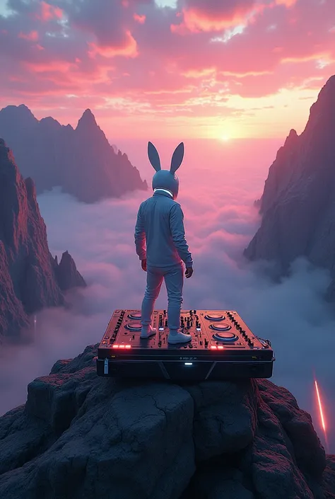 "A surreal scene of a DJ with a white rabbit head helmet, glowing eyes, and a sleek, modern outfit, standing on top of a rugged mountain peak. The DJ is behind a high-tech DJ mixer, controlling the beats for an unseen crowd. The stage is massive, yet it fe...