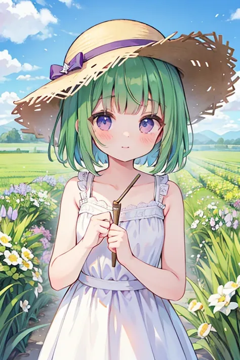 bob green hair, purple eyes, blunt bangs, white lace dress, blushing, calm, iris field, straw hat