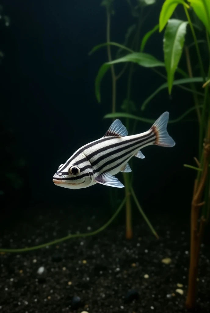 A gillfish with black and white horizontal stripes, swimming near the river bottom in the Amazon. Its unique skin and streamlined shape give it a mysterious appearance, with the dark water and plants in the background.