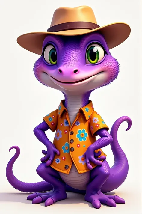  Purple lizard mascot with flowery shirt and typical Northeastern hat
