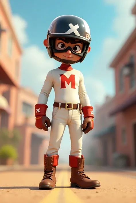 A man in a white long-sleeved shirt with a big red M, white pants, brown belt, brown boots and gloves.
And a black racing helmet with a white x and a visor in pixar style 