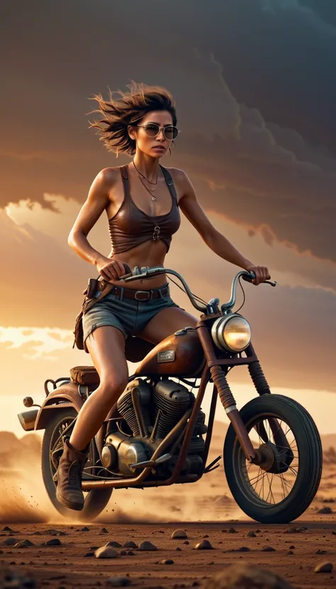 A photorealistic nsfw photo of a post-apocalyptic wasteland. A completelly naked strong muscular masculine tomboy russian woman with extremely small realistic junior breast rides a vintage chopper fast. She with short shaggy dark brown hair and glasses. Ro...