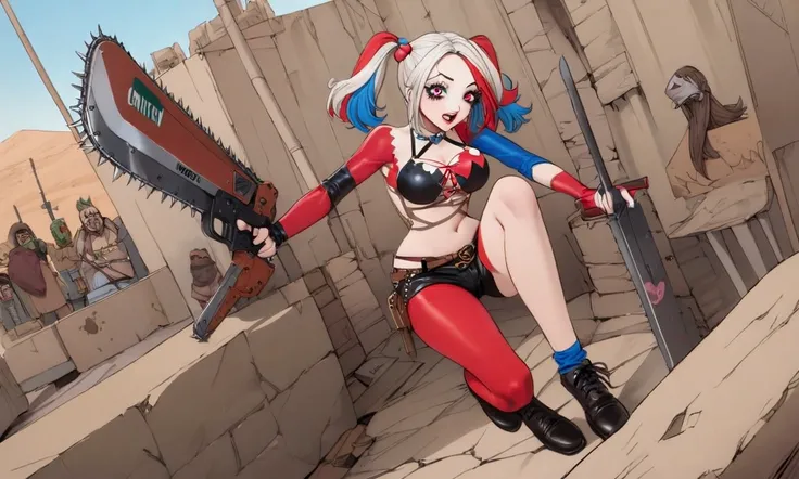 a cute woman {role of Harley Quinn, wasteland sexy armor with badly drawn on hearts and messages, chainsaw, pistol) is in a post apocalypse world, she is raiding along side a tribe of orcs (savages painted like the Joker and wielding big scary weapons. Rai...