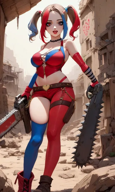 a cute woman {role of Harley Quinn, wasteland sexy armor with badly drawn on hearts and messages, chainsaw, pistol) is in a post apocalypse world, she is raiding along side a tribe of orcs (savages painted like the Joker and wielding big scary weapons. Rai...