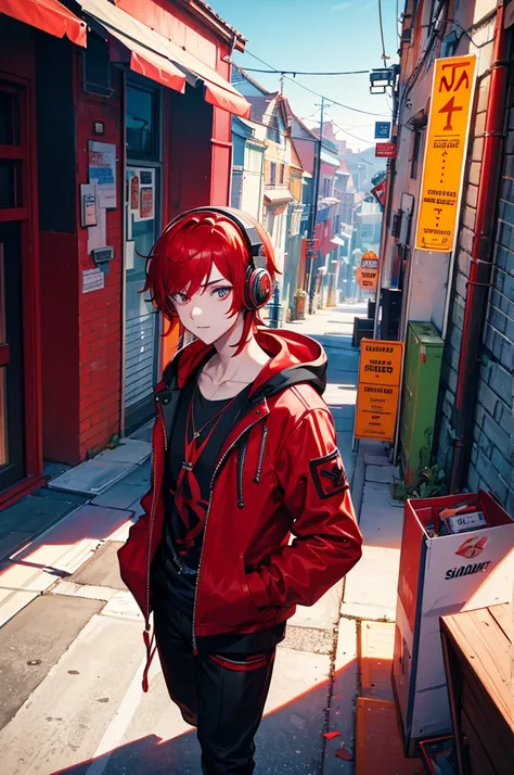 A stunning, colorful artwork featuring, leader boy with red headphones, red hair and black jacket with hood and mix DJ. The scene wonderfull ciberpunk2077 city . 4k full HD
