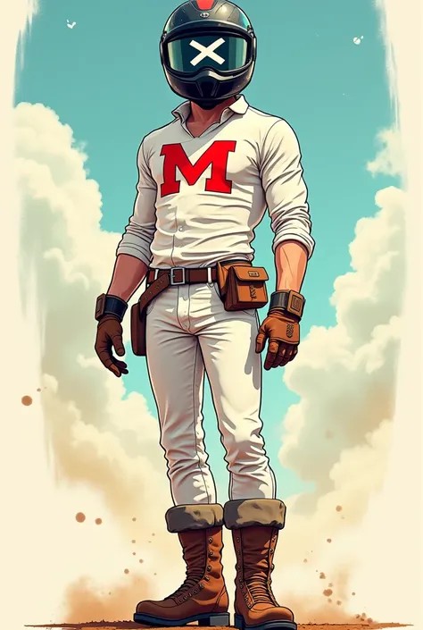 A man in a white long-sleeved shirt with a big red M, white pants, brown belt, brown boots and gloves.
And a black racing helmet with a white x and a visor in cartoon style 