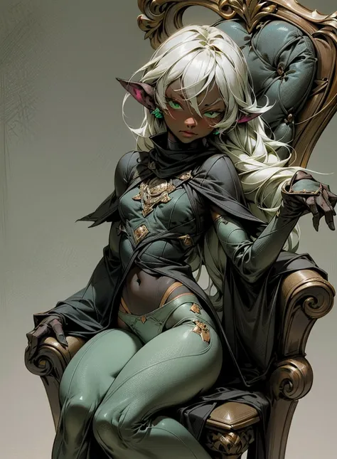  a dark grey-skinned woman, (Drow), 22 years old,green eyes,  long white hair, (Drows dotted ears), roasted fine, Detailed face,(Lean body,  small breasts, sample breasts), (green panties), (sitting on a chair), serious face ,(right leg raised,  showing pa...