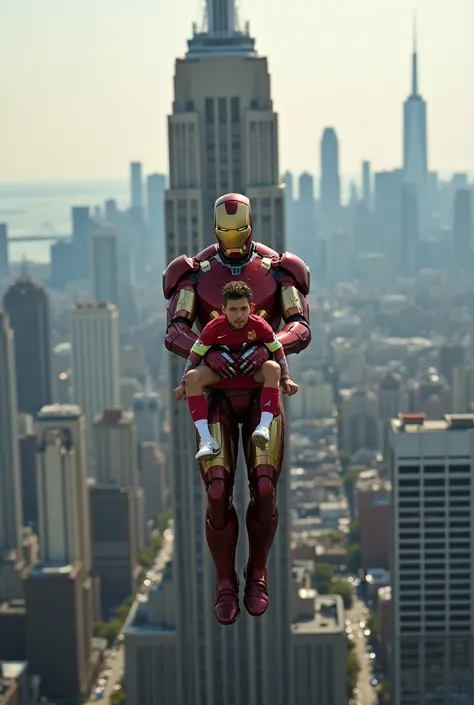 Ironman hold Messi in his hand and fly around the big building 