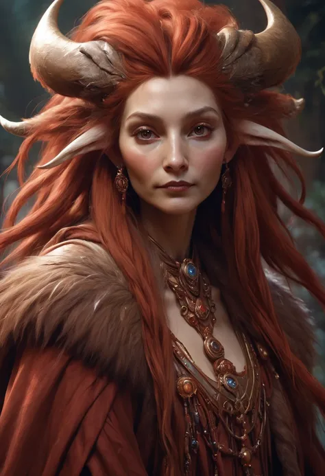 Brian Froud Inspired Beautiful Humanoid Creature. Cross Between A Wholly Mammoth And A walrus. Copper Red Fur. Female. Friendly And Inviting Looking. Exudes Good And Kindness. Wearing A 1920 Dress. Official Art, Award Winning Digital Painting, Digital Illu...