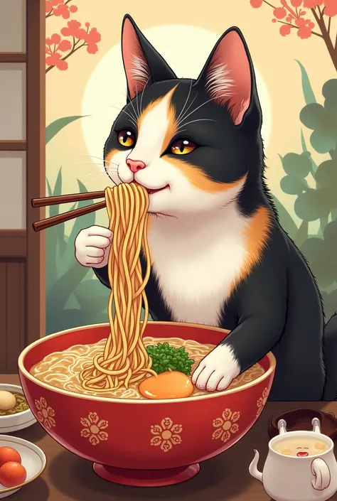 I want a large and good quality picture ,  drawing of a Japanese-style cat eating ramen, Cat with 3 colors not so fat I want another background and for the hair to have more texture