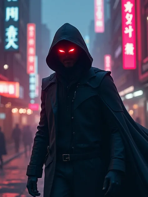 “A hero with shadow manipulation powers, blending into the darkness as he moves through a neon-lit cityscape, his eyes glowing red, and his form shifting fluidly as shadows trail behind him.”Masterpiece, Accurate, Best Quality, HD, High Details, Super Deta...