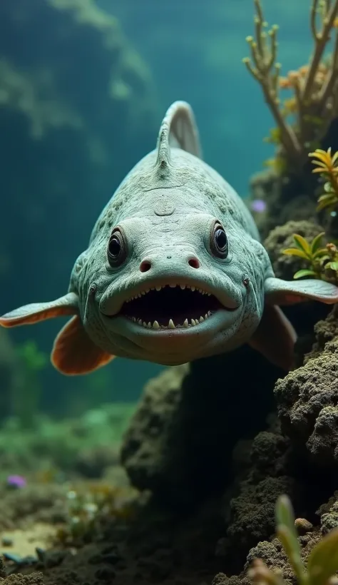 "A fierce-looking wolffish, with a strong jaw and grey scales, swimming in a freshwater reef in the Amazon. Plants and rocks surround it, and its fixed gaze gives an air of intensity to the underwater environment."