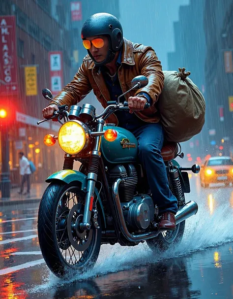 drawn in the form of a colored drawing, a man in profile riding a motorcycle wearing a helmet and carrying a bag of jewelry on his back in the rain