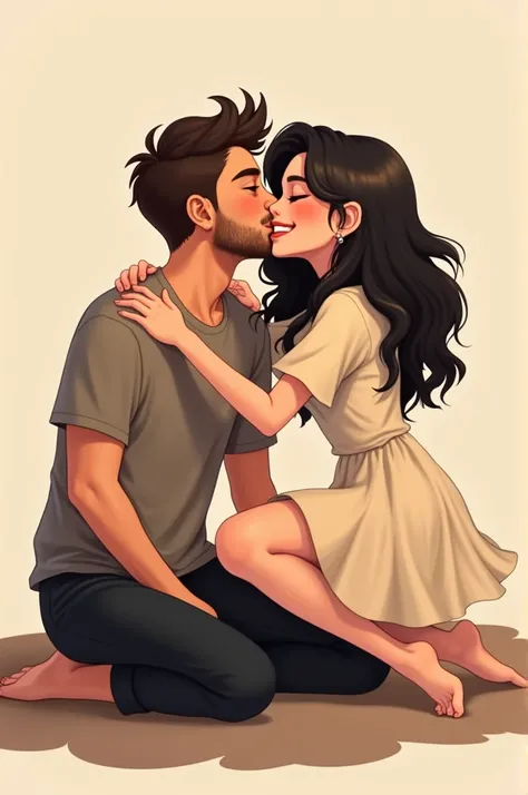 That a man is sitting on the floor dressed in black pants short sleeve pollera short sleeve black hair not so long . A little beard that is smiling and attracts a girl who is hugging his shoulders and who is dressed in a cream dress with sleeves up to the ...