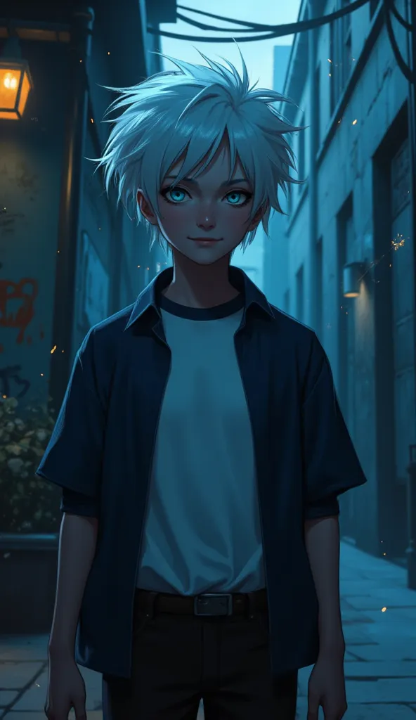 " An adolescent of about  ,  with a thin figure , but defined ,  and an agile and eager appearance ,  Killua Zoldyck is in a shady urban setting ,  slightly illuminated by street lights in cool tones ,  creating dramatic shadows around him .  His white, cr...