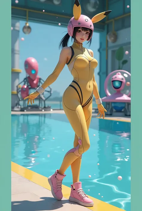 (wide lens effect), (Asuka Plugsuit, eva helm,plugsuit, pink  bodysuit, bubble helmet,fondo laboratorio científico experimental robotic , Spacesuit, full body,(Cute Japanese girl , 20-year-old), pink helmet,red helmet, space helme, (pikachu ears:1.5), pink...