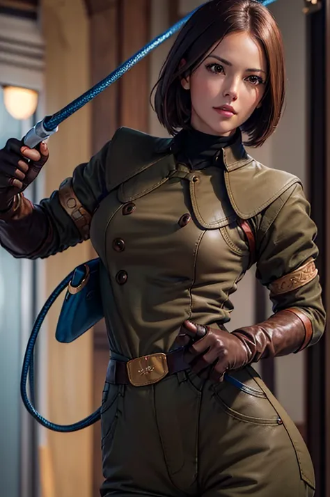 ((Best image quality, highest quality, Highest Resolution, Ultra Realistic Images, Very detailed, masterpiece, 8k)), One Woman, Brown medium hair, Khaki military uniform, long Leather gloves, ((With a blue whip)), (big Breasts), blush, serious look, half b...