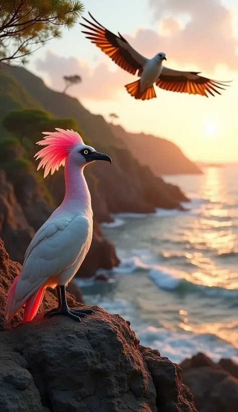 Cacatua-de-crista-rosa and Gavião-real, a coastal cliffside at sunrise with a gentle ocean breeze, the Cacatua-de-crista-rosa perches proudly on a rocky outcrop, its bright pink crest raised in full display, contrasting with the soft white feathers of its ...