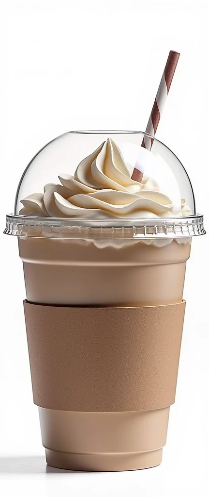  Plastic coffee cup with dome-shaped lid,with straw , with whipped cream , with a cardboard bar in the middle  ,product design