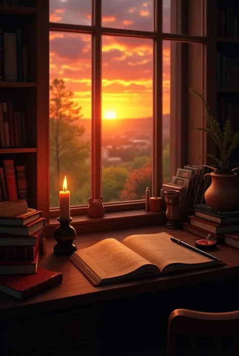 A desk full of books and where on the table there is an unlit candle and a pen on ink and the sunset in the background 