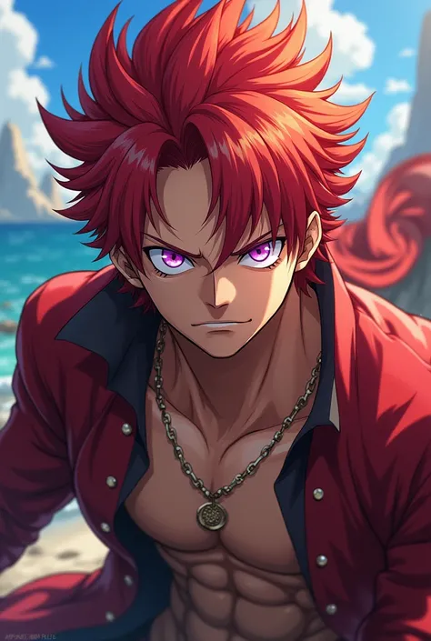 a man, estilo do anime One piece, with red hair and purple eyes