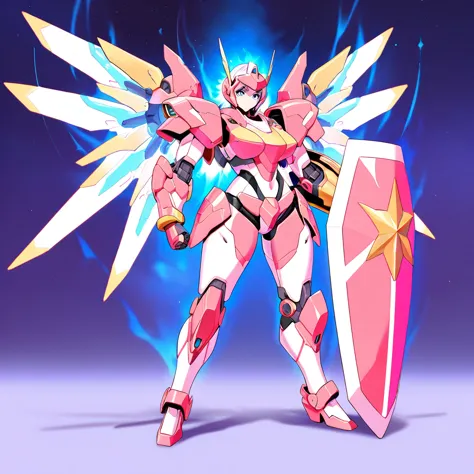 anime, high detailed, multiple womans, mature womans, mecha soft-armor, large mechanical wings, large gauntlet, large shield in ...