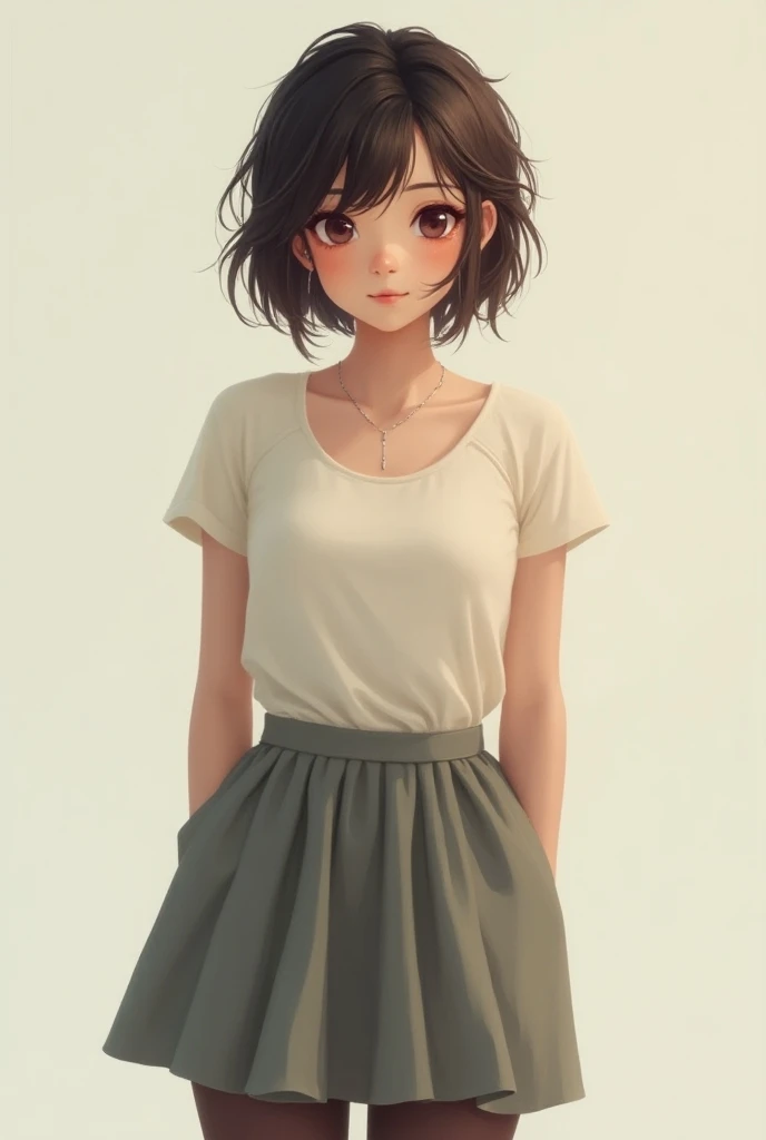 A 23-year-old girl with short, messy hair, wearing a skirt and tights.