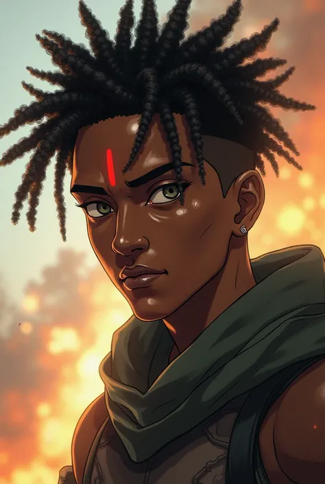 A masculine man,Afro-mulato, short dreadlocks hair,  that has a distinctive sign in the middle of the forehead instead of Sharingan .  He lives on a futuristic planet and has body cells that have been improved with nanotechnology.  His abilities are influe...