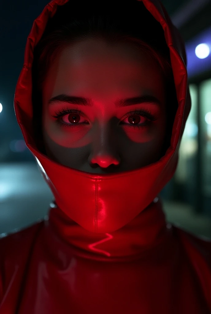 A close-up shot of a girl face, in a red latex desguise, illuminated by a stark flash in the night. The camera is positioned at a grand angular fisheye, distorting the surroundings into a hyperrealistic landscape. The subjects gaze directly confronts the l...