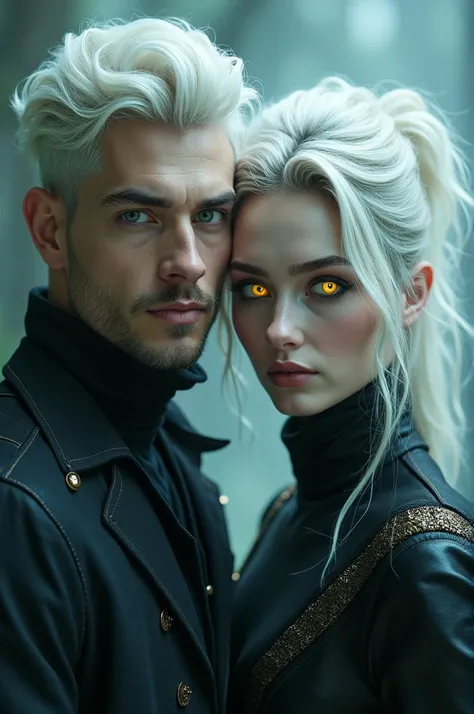 Believe me a man and a woman with white hair and yellow eyes  