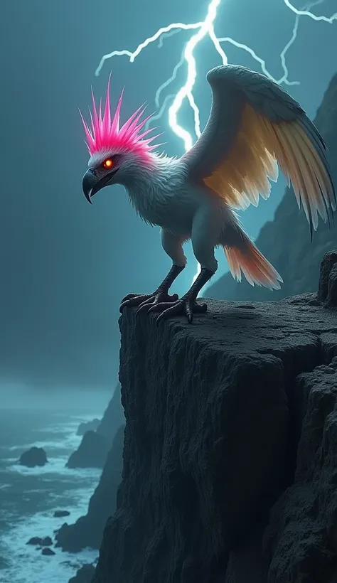 Cacatua-de-crista-rosa and Gavião-real hybrid, a towering cliffside during a stormy twilight, the hybrid creature stands poised at the edge of a rocky precipice, its body a disturbing yet captivating fusion of the two animals, the lower half features the p...