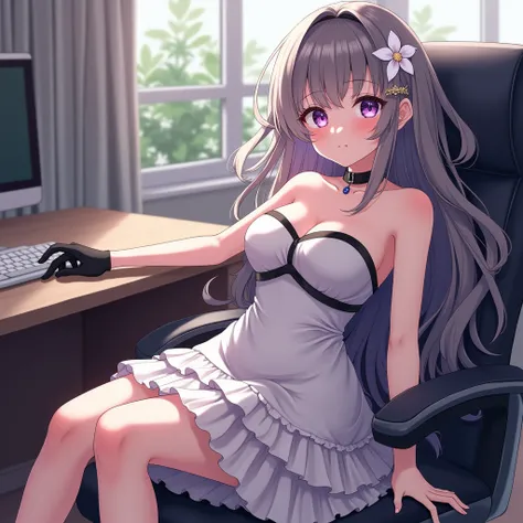 masterpiece,  best quality , extremely detailed 8k wallpaper, 1 ,  desk,strapless dress, dress, layered dress, white flower, hair ornament,  purple eyes , ( choker), contour, (black gloves), bare legs, Bikini 