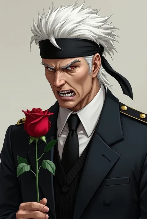 Un Hombre
 with white hair with a headband with an angry face in uniform with a white shirt and a tie and a black sweater holding a rose