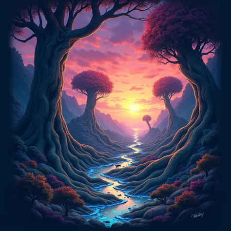 A surreal forest with huge, exposed roots that glow in vibrant neon colors such as red, green and purple. The roots wind like veins across the forest floor and are covered in glowing moss. Small, mysterious creatures emerge from between the roots, while th...