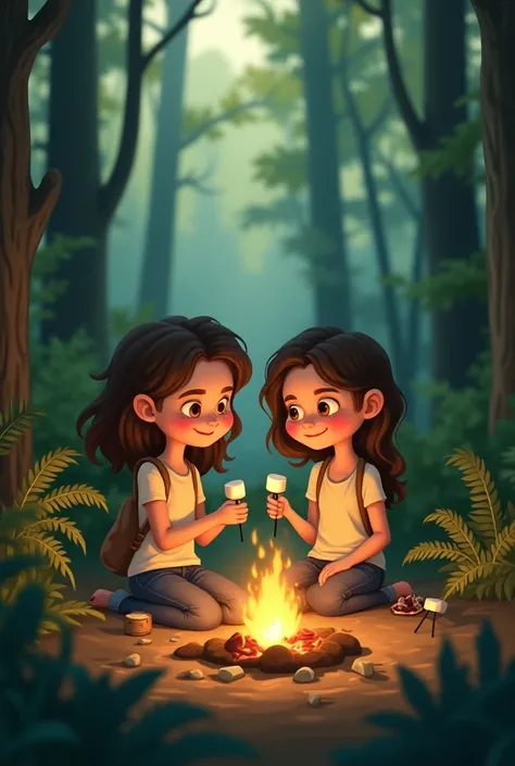 two friendly girls in the woods roasting Masmelos ,  when a snake approaches and bites one of them 