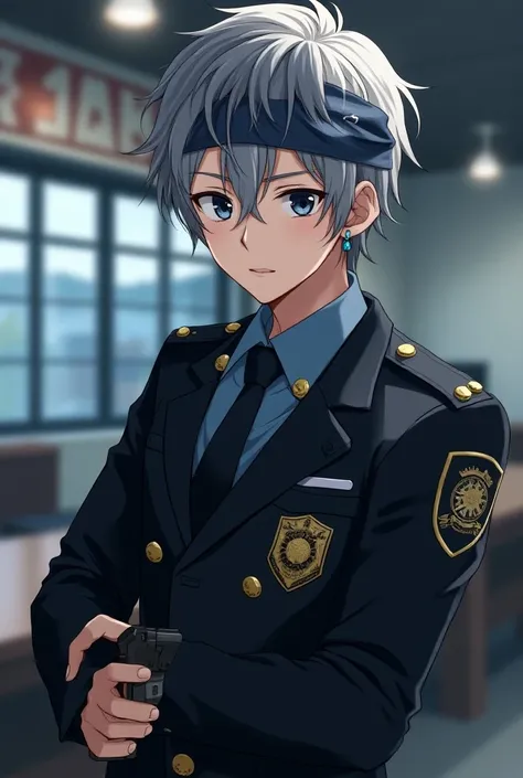 Asian. Young man. Anime. Beautiful. Realistic. Wearing police officer outfit. Holding a gun. Heterochromia eyes. Black and blue. Bangs. grey hair, black strands. Commissariat fond. Earrings. Bandana on forehead. 
